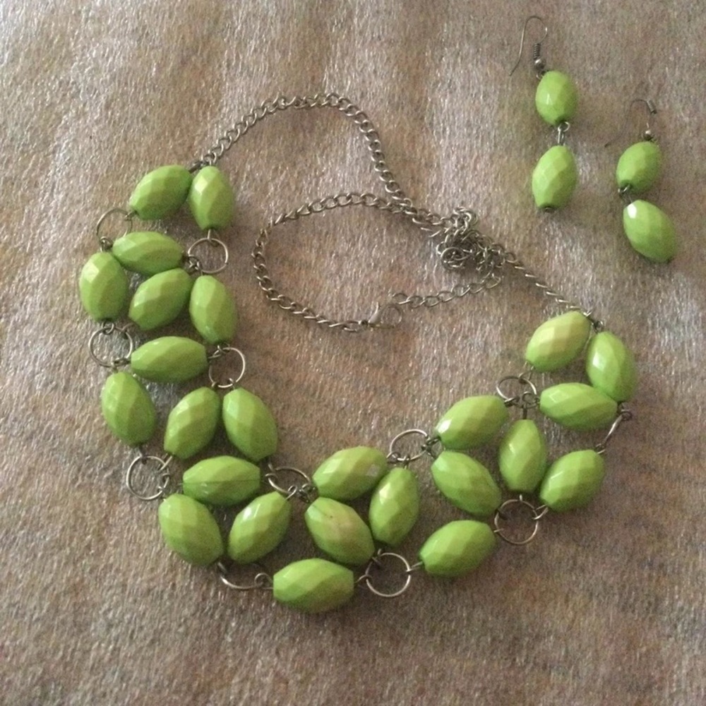 Lime Green Beaded Necklace and Earring Set